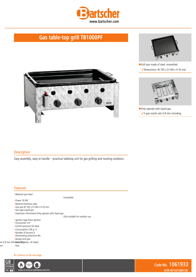 Page 1 of the manual Technical Sheet Bartscher TB1000PF