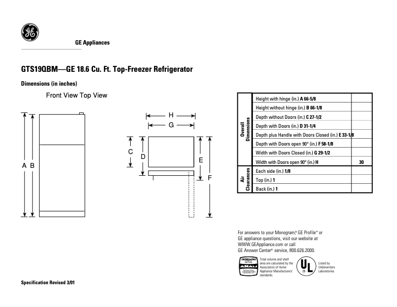 Page 1 of the manual Technical Sheet GE GTS19QBMWW