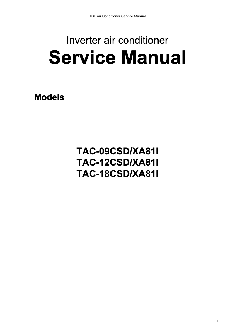 Page 1 of the manual User Manual TCL TAC-18CSD/XA82I