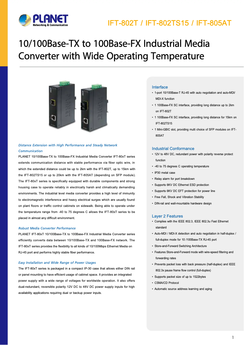 First page image of the manual for IFT-805AT