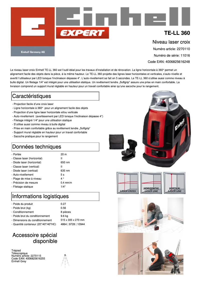 Page 1 of the manual Technical Sheet Einhell TE-LL 360