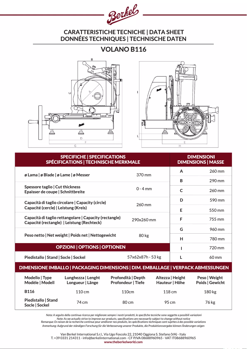 Page 1 of the manual Technical Sheet Berkel Volano B116