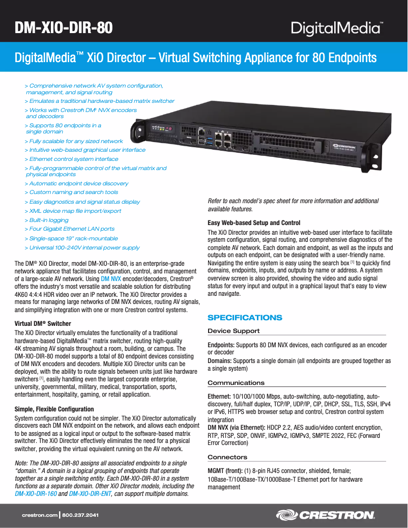 Page 1 de la notice Manuel utilisateur Crestron DM-XIO-DIR-80