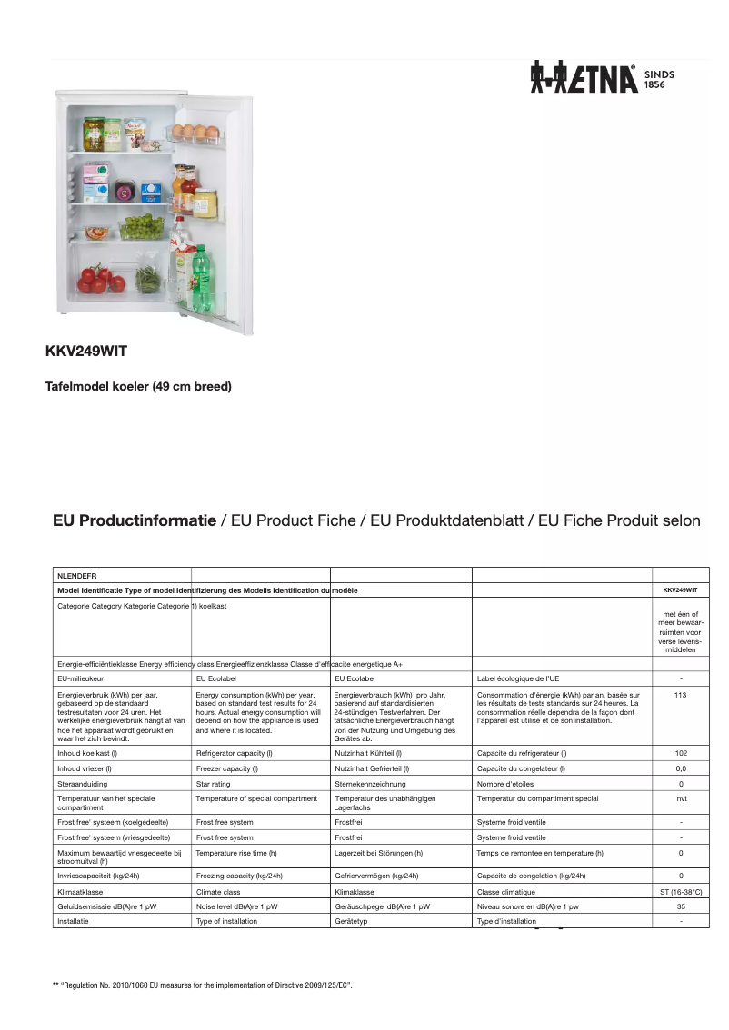 Page 1 of the manual Technical Sheet Etna KKV249WIT