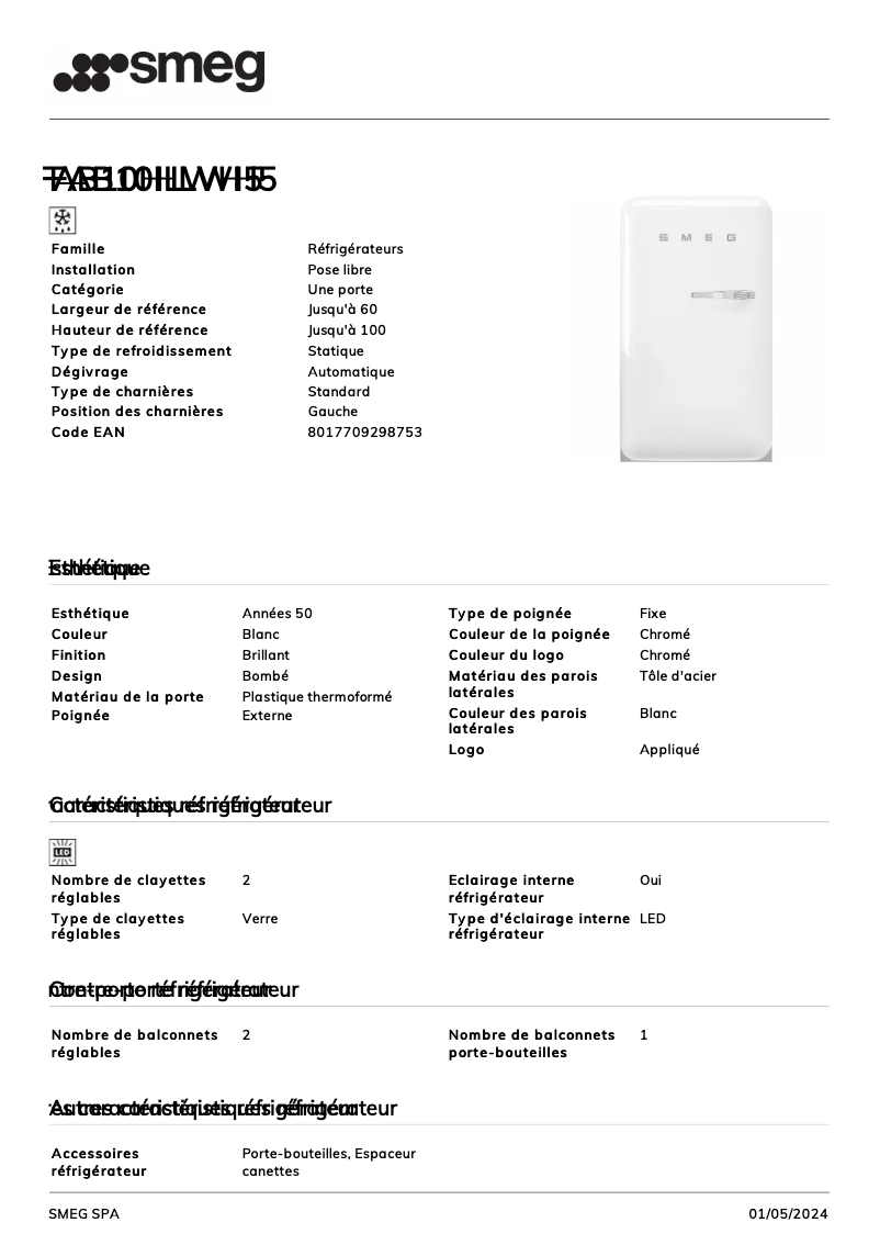 Page 1 of the manual Technical Sheet Smeg FAB10HLWH5