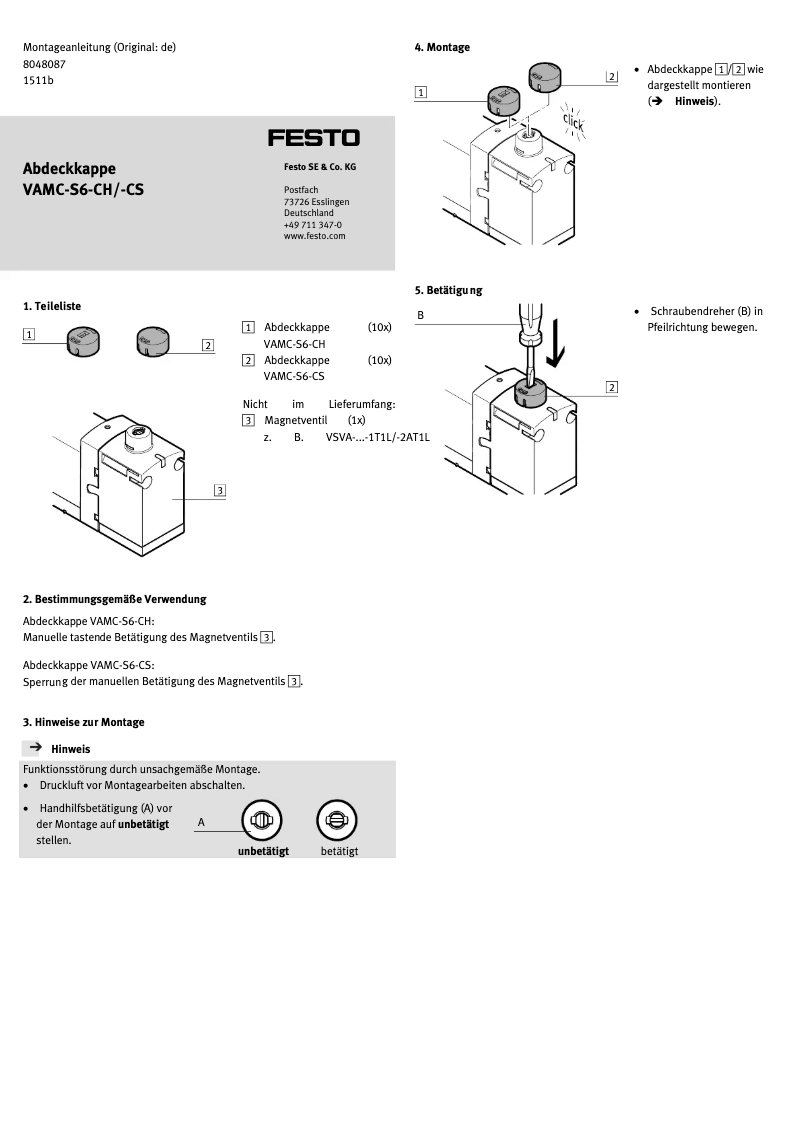 Page 1 of the manual User Manual Festo VAMC-S6-CH