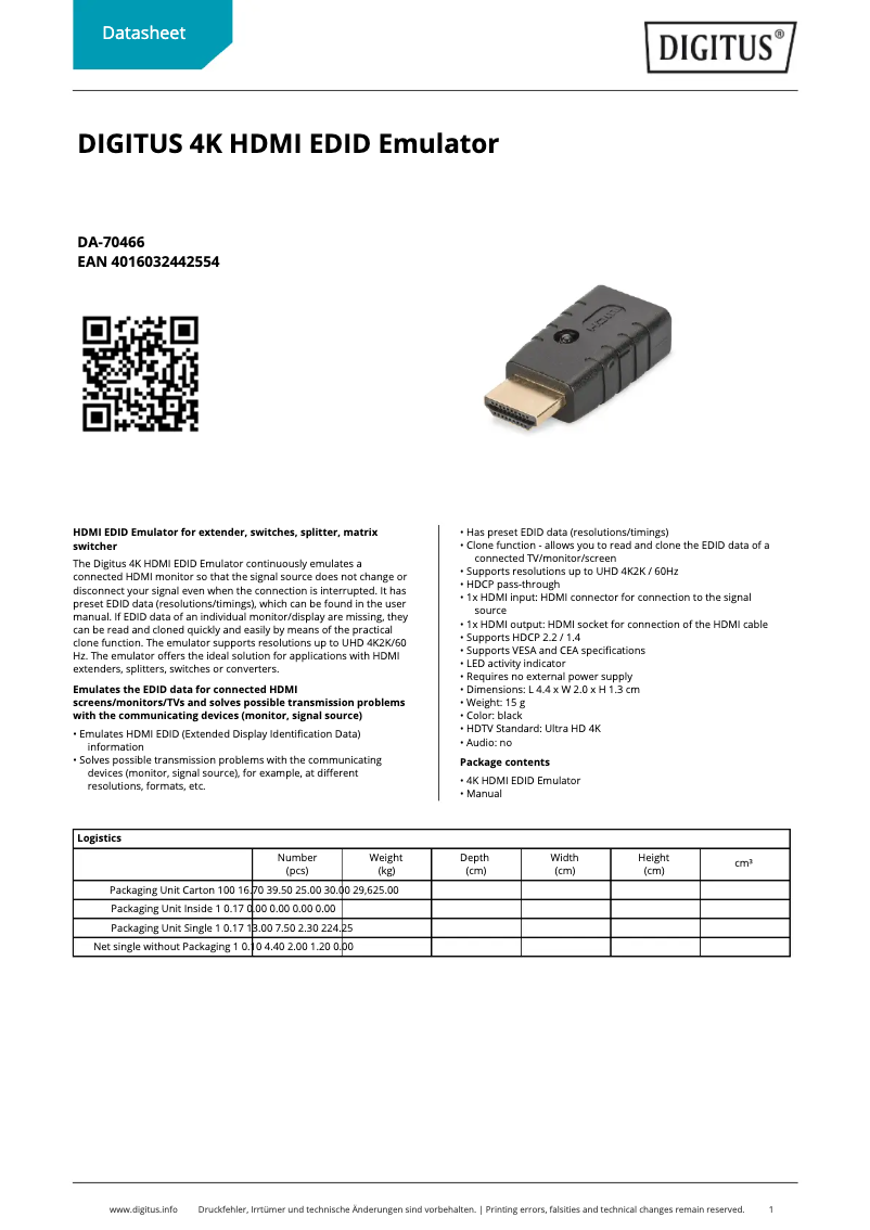 Page 1 of the manual Technical Sheet Digitus DA-70466