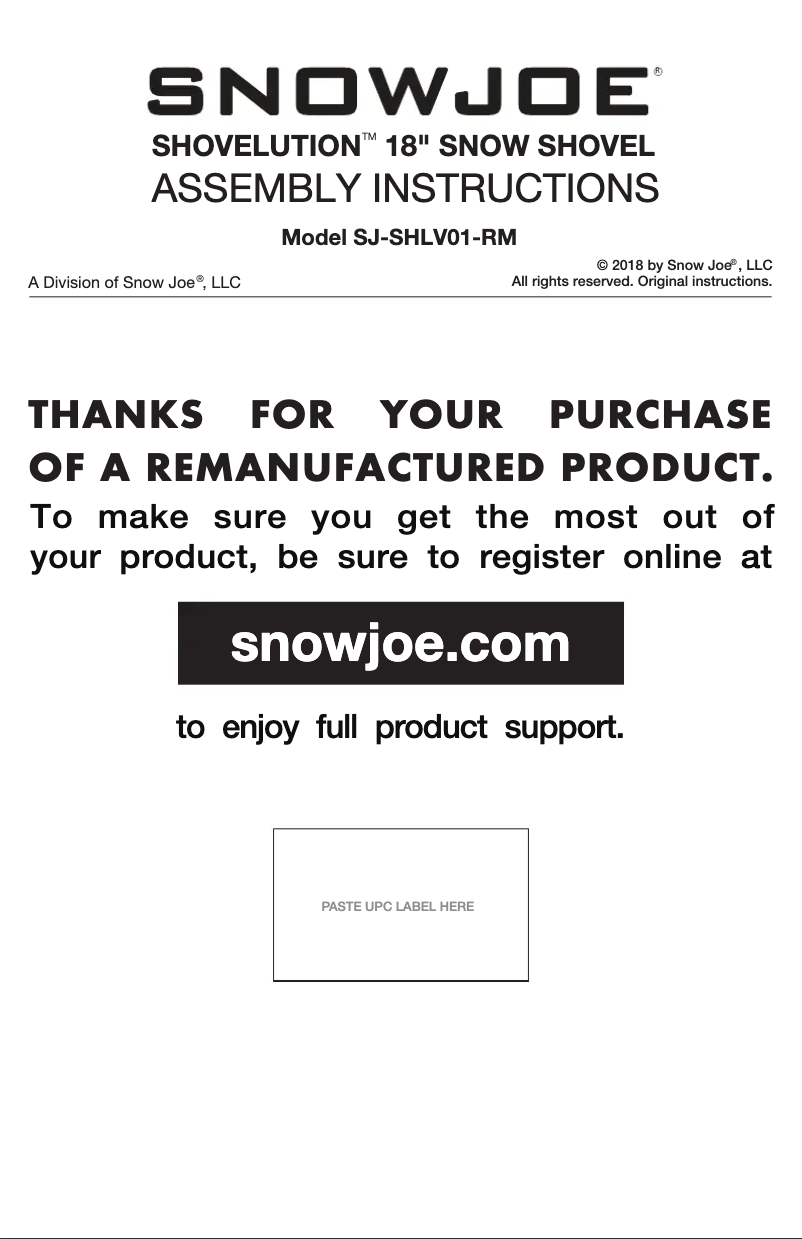 Page 1 of the manual User Manual Snow Joe SJ-SHLV01-RM