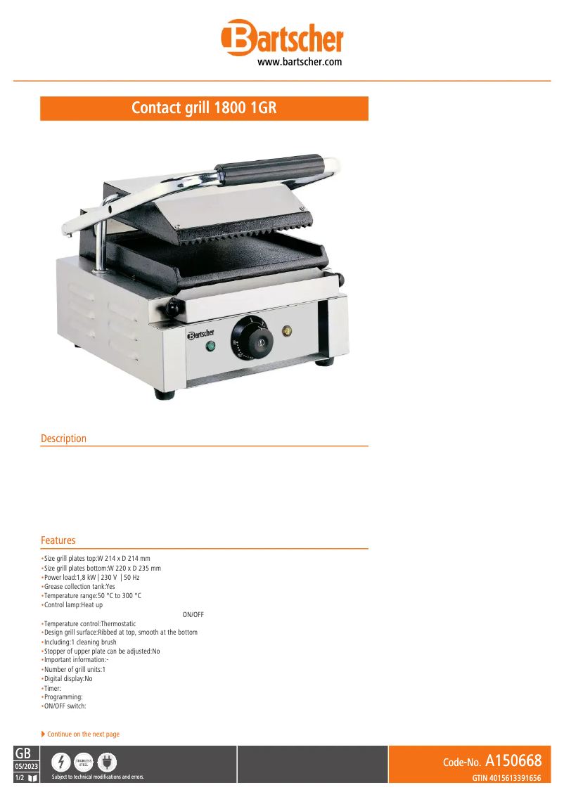 Page 1 de la notice Fiche technique Bartscher A150668