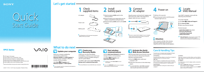 Page 1 of the manual Installation Guide Sony Vaio VPCCB2AFD