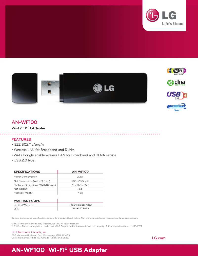 Page 1 de la notice Fiche technique LG AN-WF100