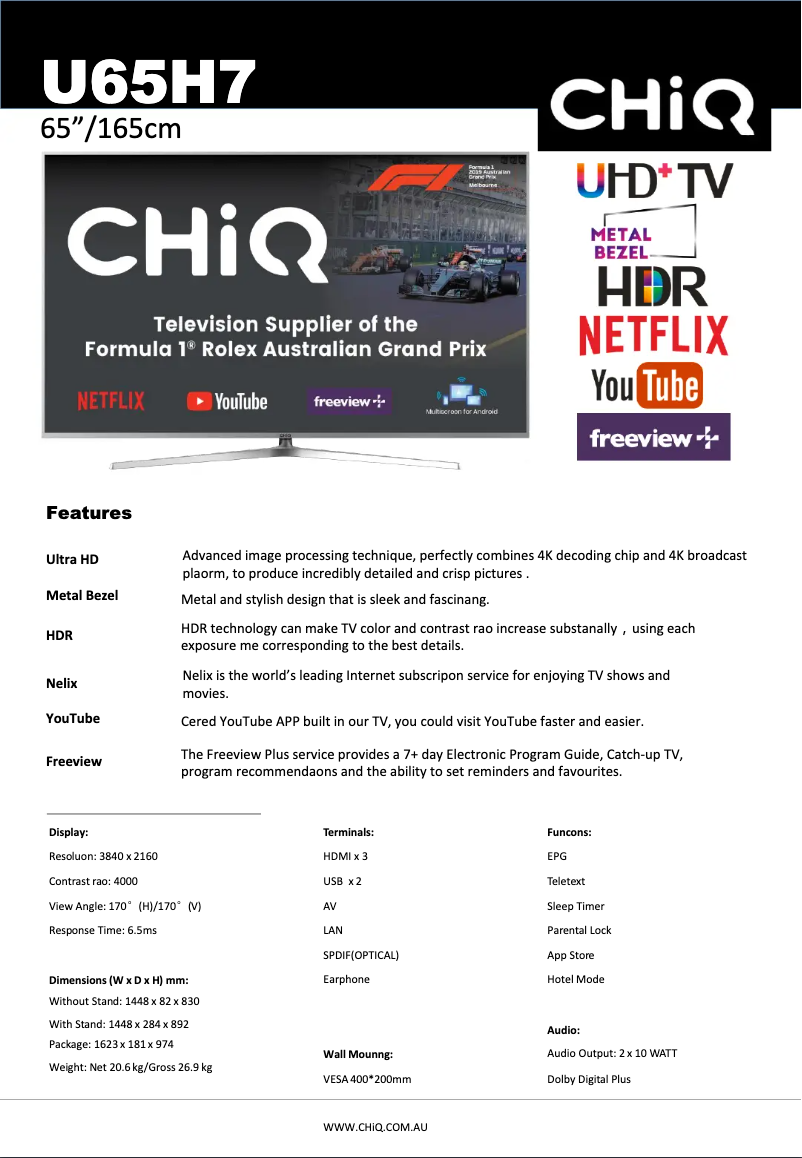 Page 1 de la notice Fiche technique CHiQ U65H7