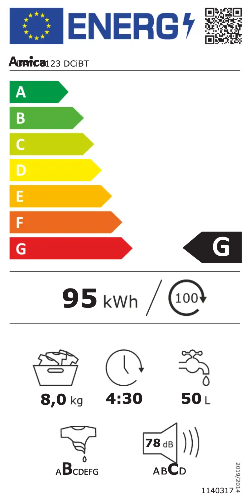 Page 1 of the manual Energy Label Amica DAW8123DCIBT
