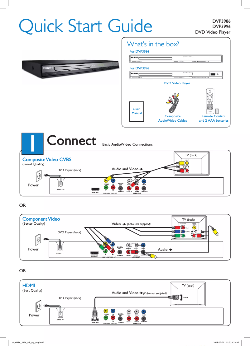 Page 1 of the manual Quick Start Guide Philips DVP3996
