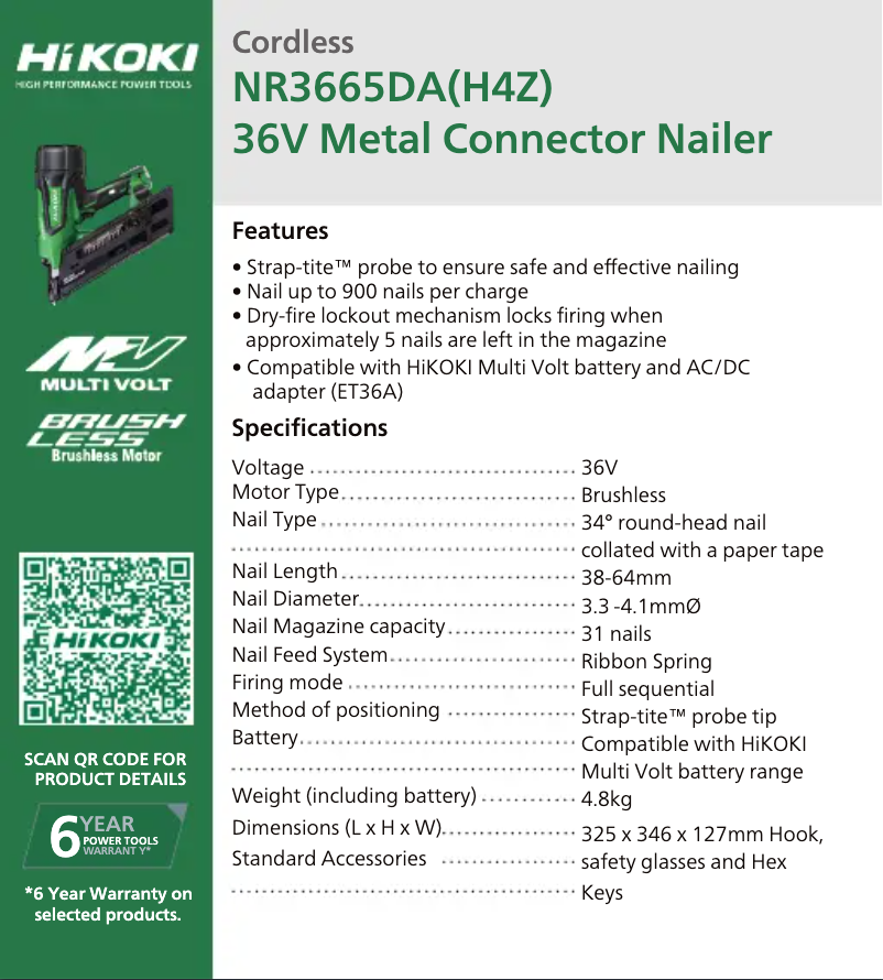 Page 1 of the manual Technical Sheet HiKOKI NR3665DA