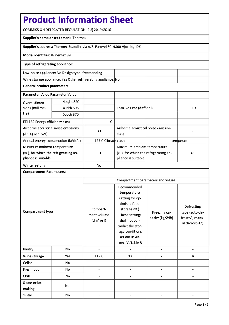 Page 1 of the manual Technical Sheet Thermex Winemex 39