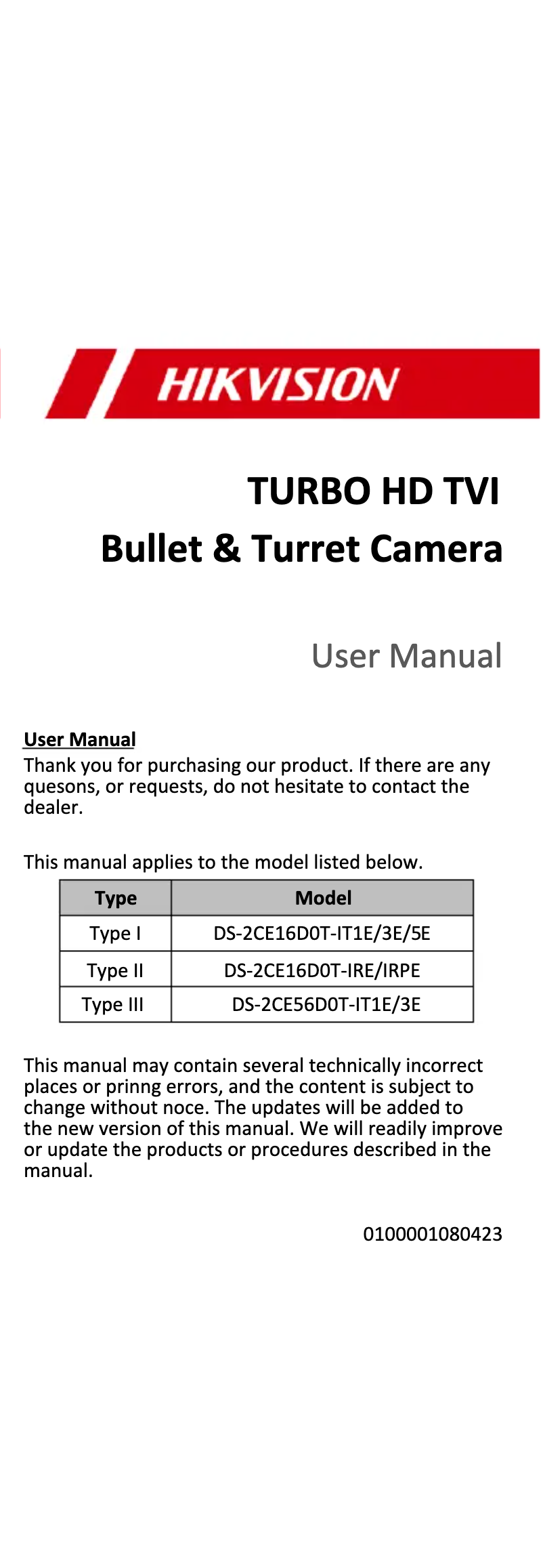 First page image of the manual for DS-2CE16D0T-IT3E