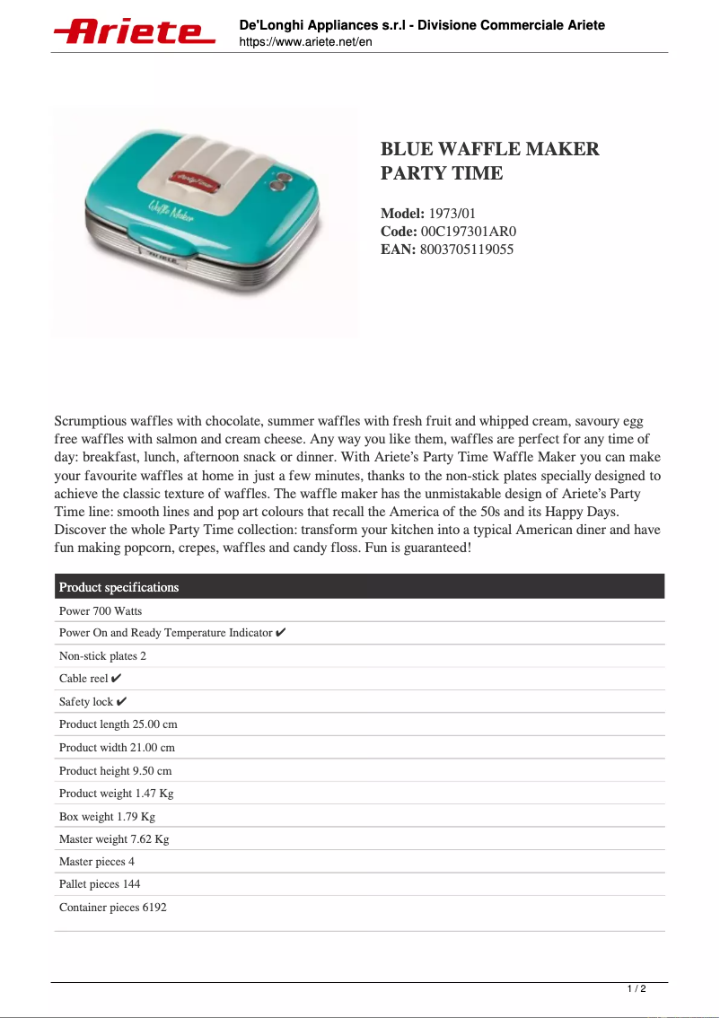 First page image of the manual for Waffle Maker Party Time 1973
