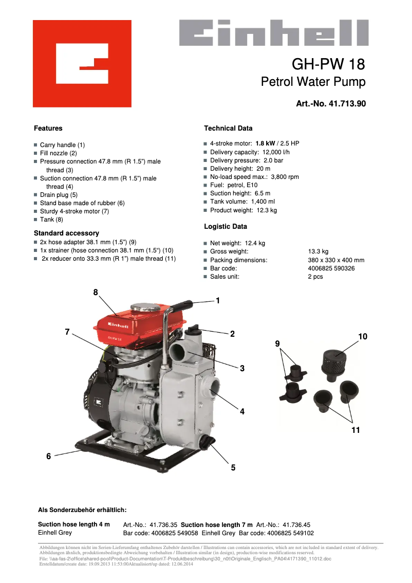 Page 1 of the manual Technical Sheet Einhell GH-PW 18