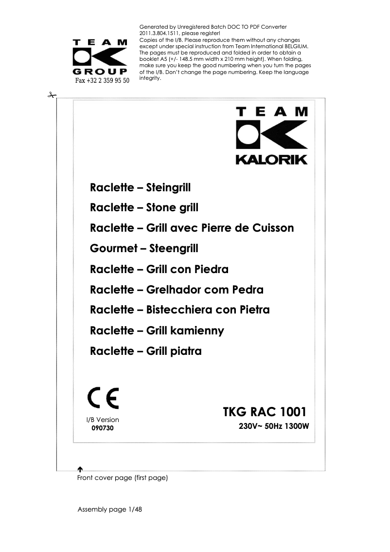 Page 1 de la notice Manuel utilisateur Kalorik TKG RAC 1001
