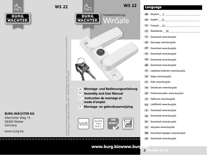 Page 1 of the manual User Manual Burg Wächter WinSafe WS 22
