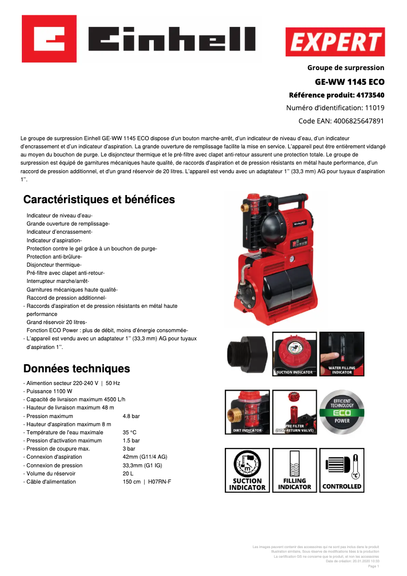 Page 1 of the manual Technical Sheet Einhell GE-WW 1145 ECO