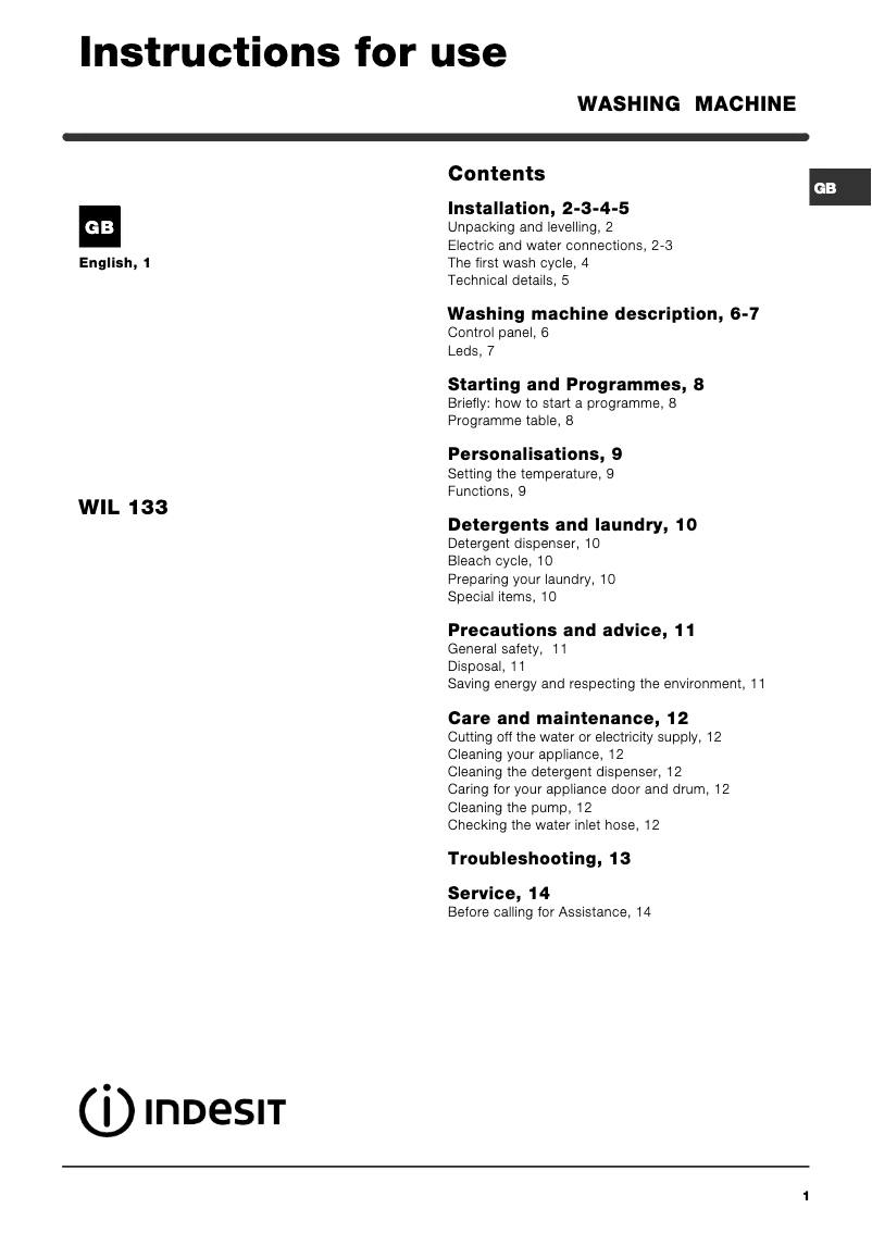 First page image of the manual for WIL 133 (UK) (TE)
