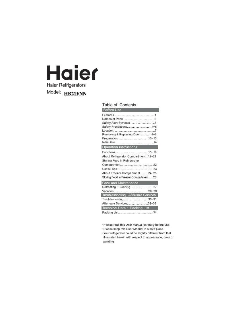 Page 1 of the manual User Manual Haier HB21FGWAA