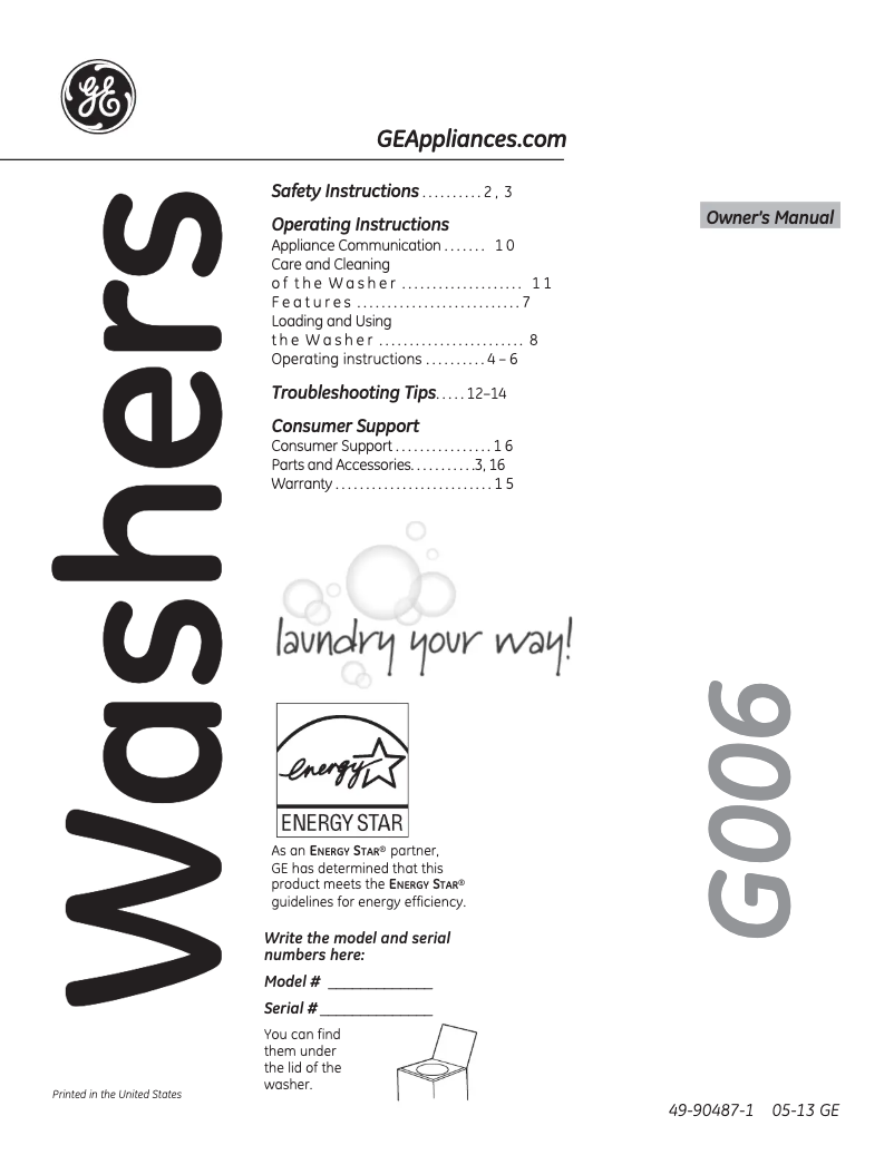 Page 1 of the manual Use and Maintenance Manual GE GHWN8350DWS