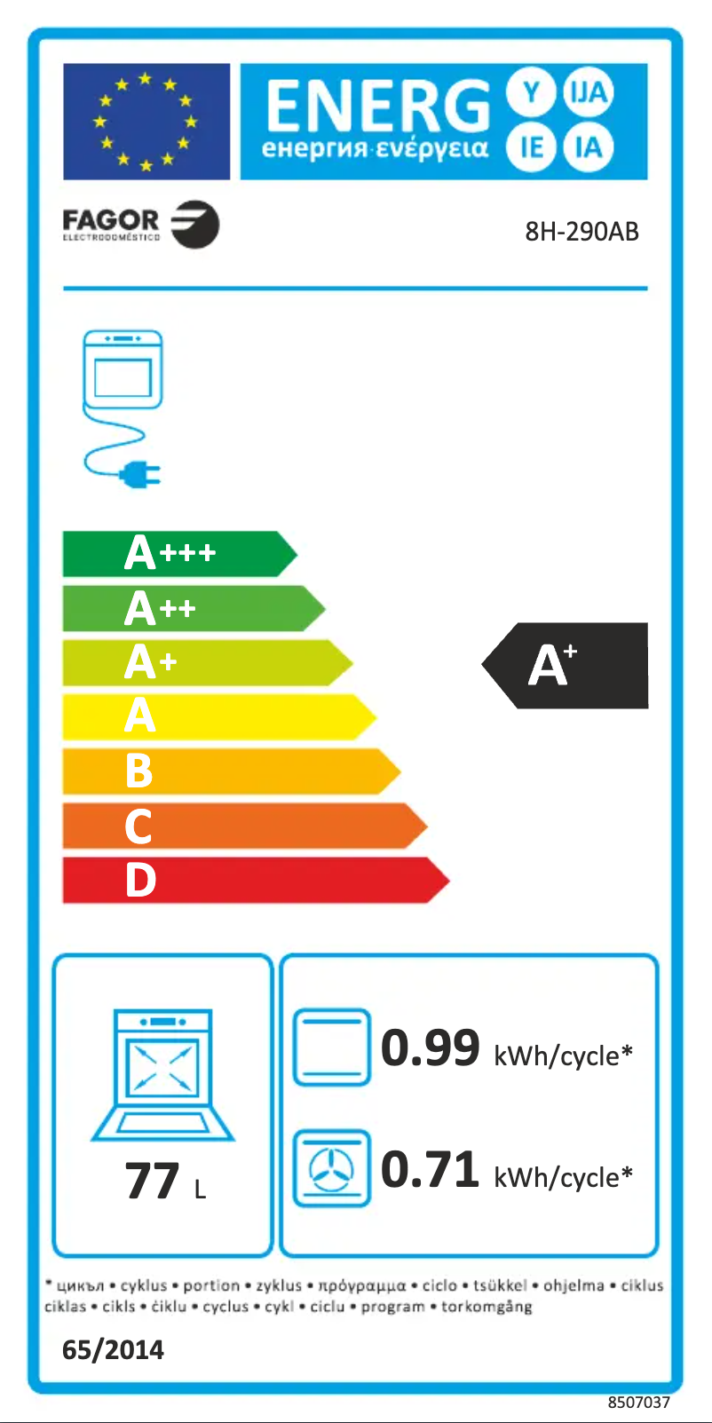 Page 1 of the manual Energy Label Fagor 8H-290AB