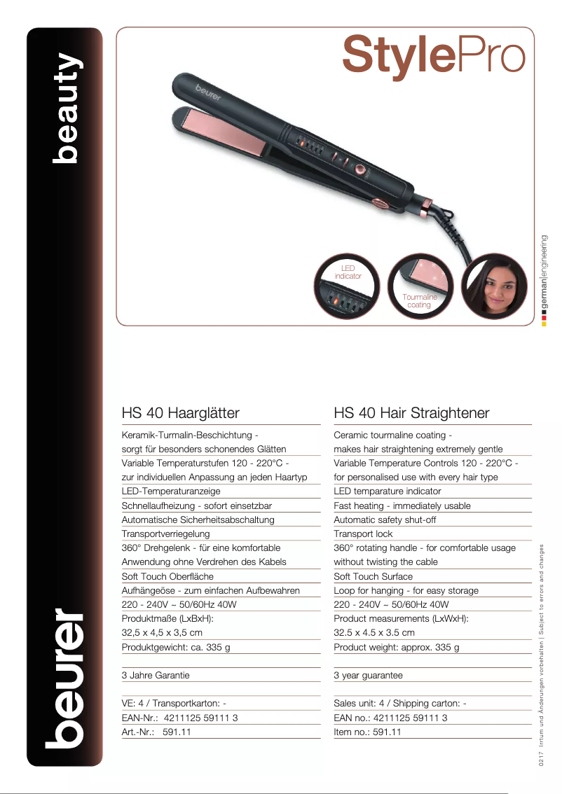 Page 1 of the manual Technical Sheet Beurer HS 40