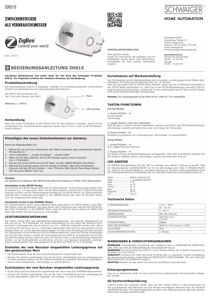 Page 1 of the manual User Manual Schwaiger ZHS15
