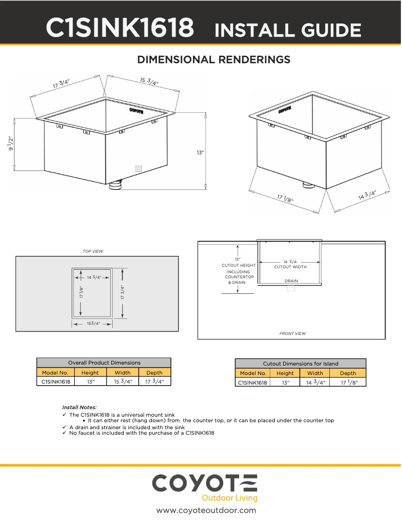 Page 1 de la notice Fiche technique Coyote C1SINK1618
