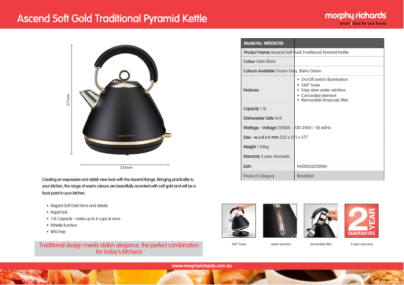 Page 1 of the manual Technical Sheet Morphy Richards Ascend Pyramid MRSGK15
