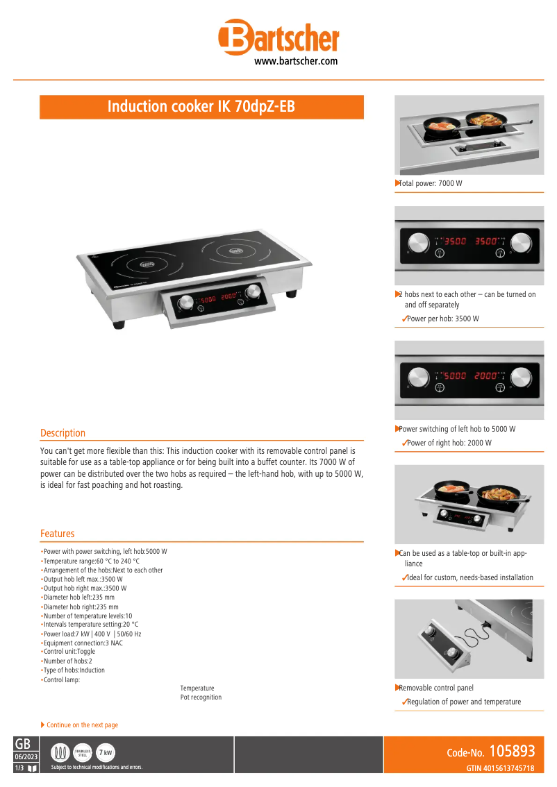 Page 1 of the manual Technical Sheet Bartscher IK 70dpZ-EB