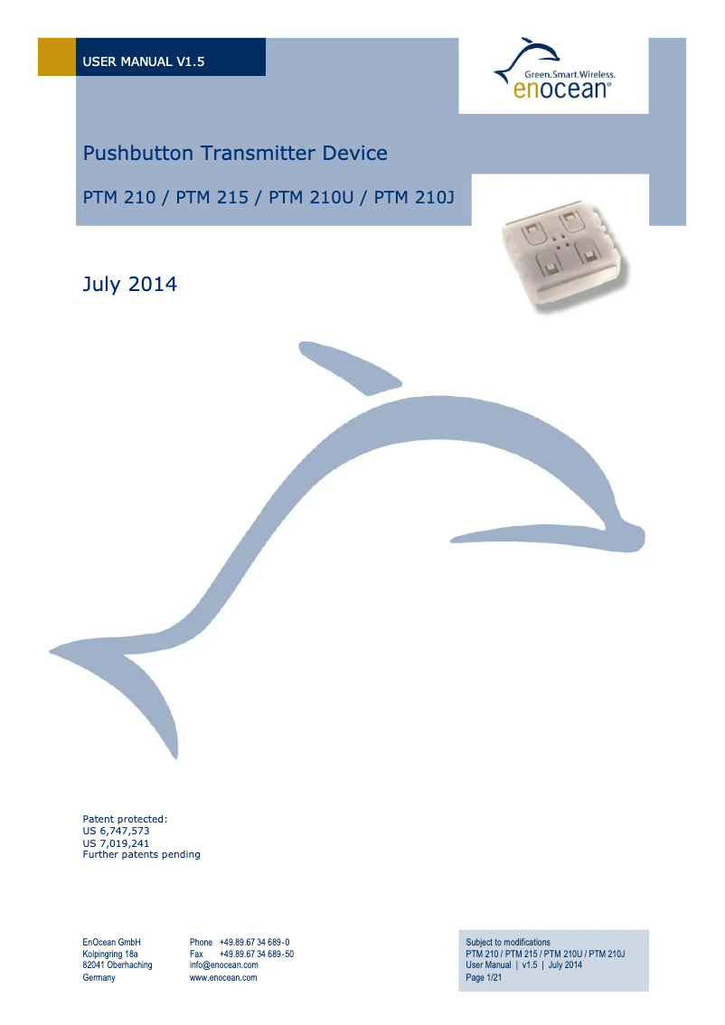 Page 1 of the manual User Manual EnOcean PTM 215