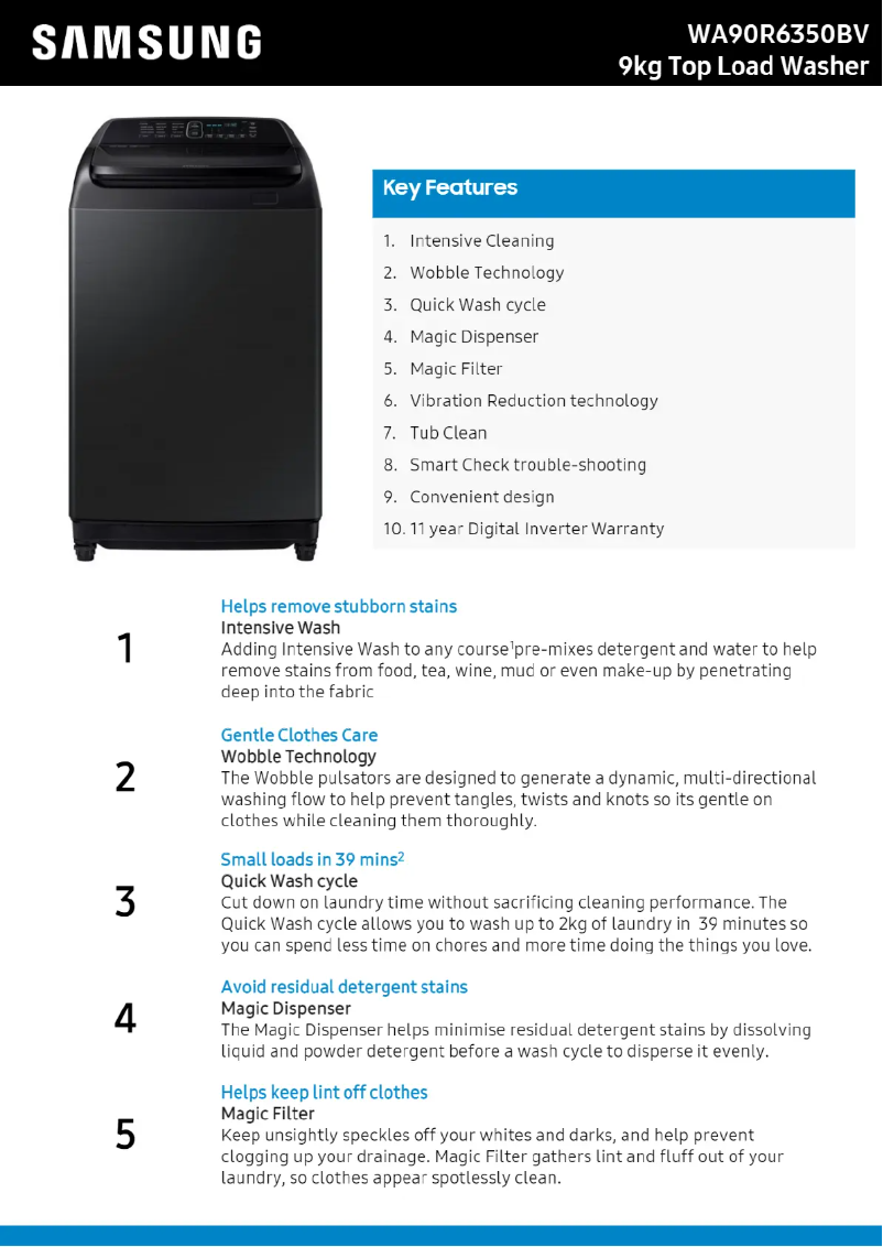 Page 1 of the manual Technical Sheet Samsung WA90R6350BV