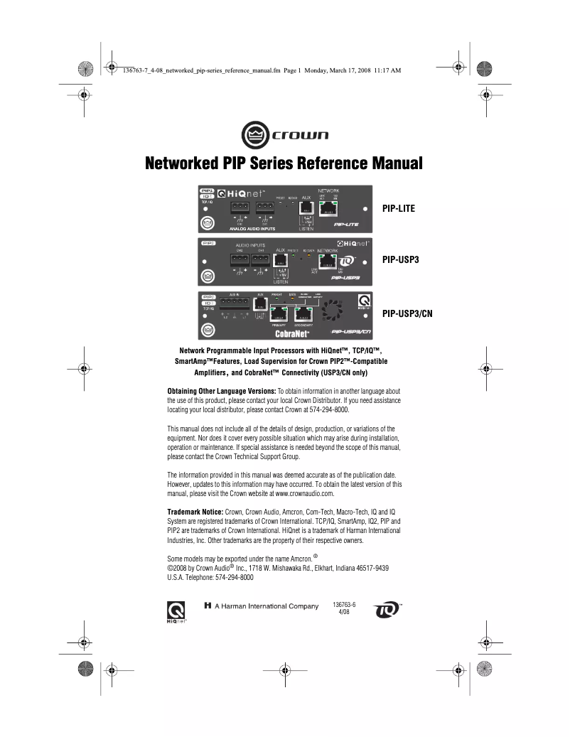 Page 1 of the manual User Manual Crown PIP-Lite