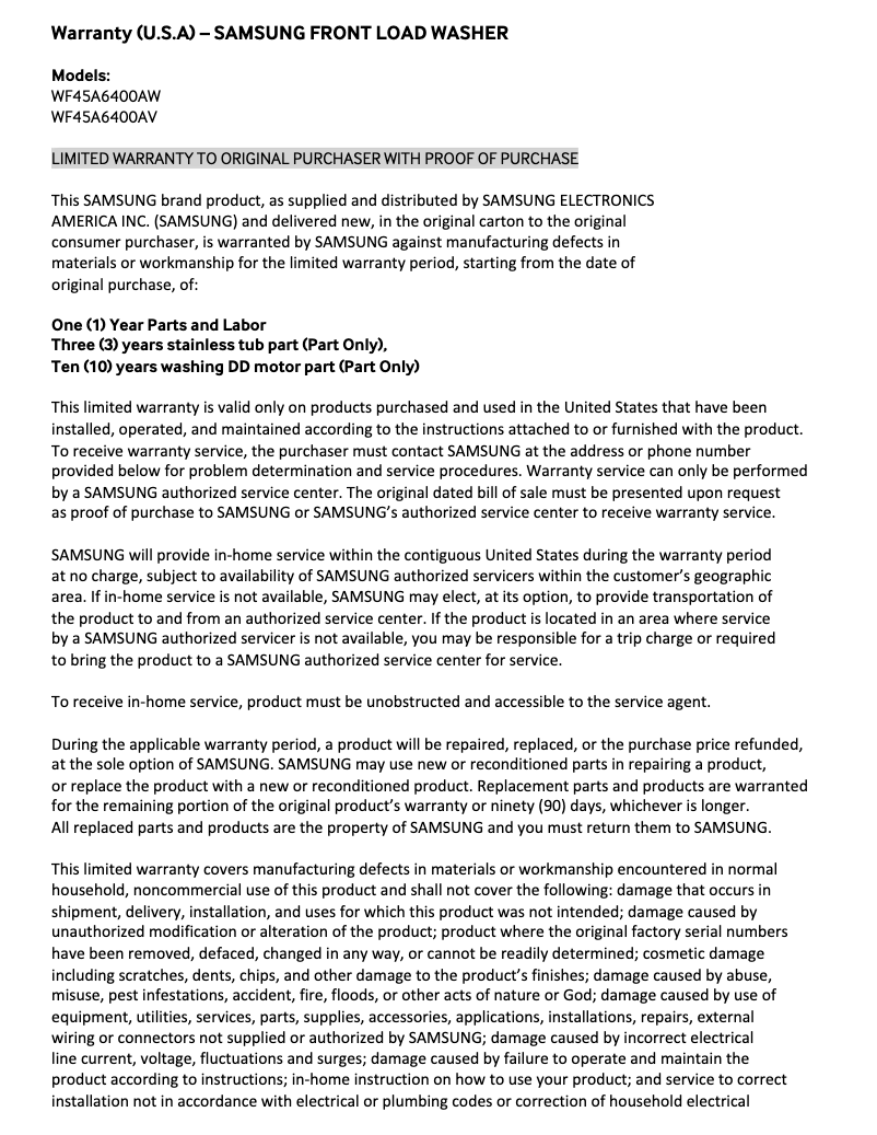 Page 1 of the manual Warranty Information Samsung DVE45A6400W