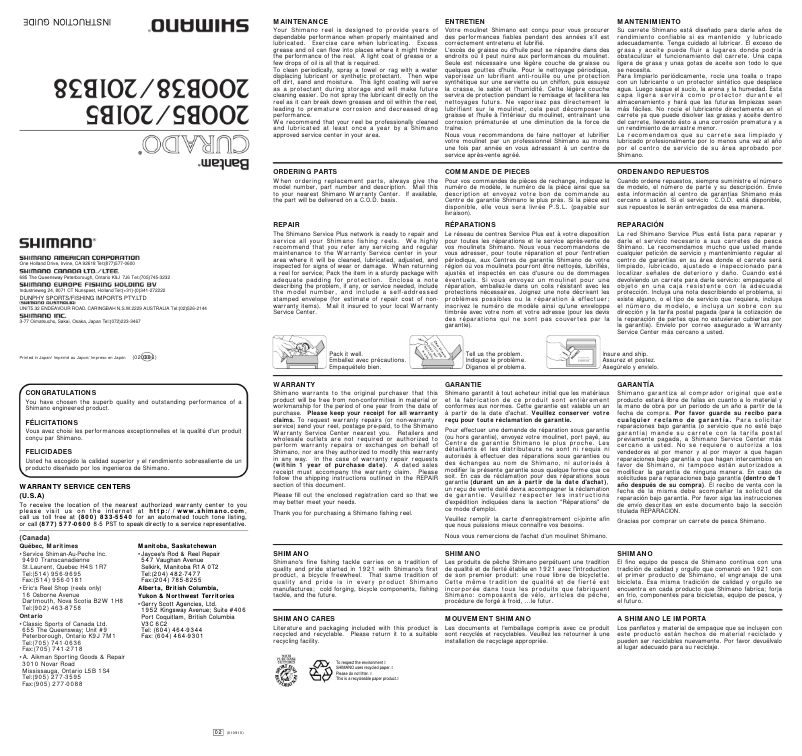 Page 1 of the manual User Manual Shimano Curado 200B38