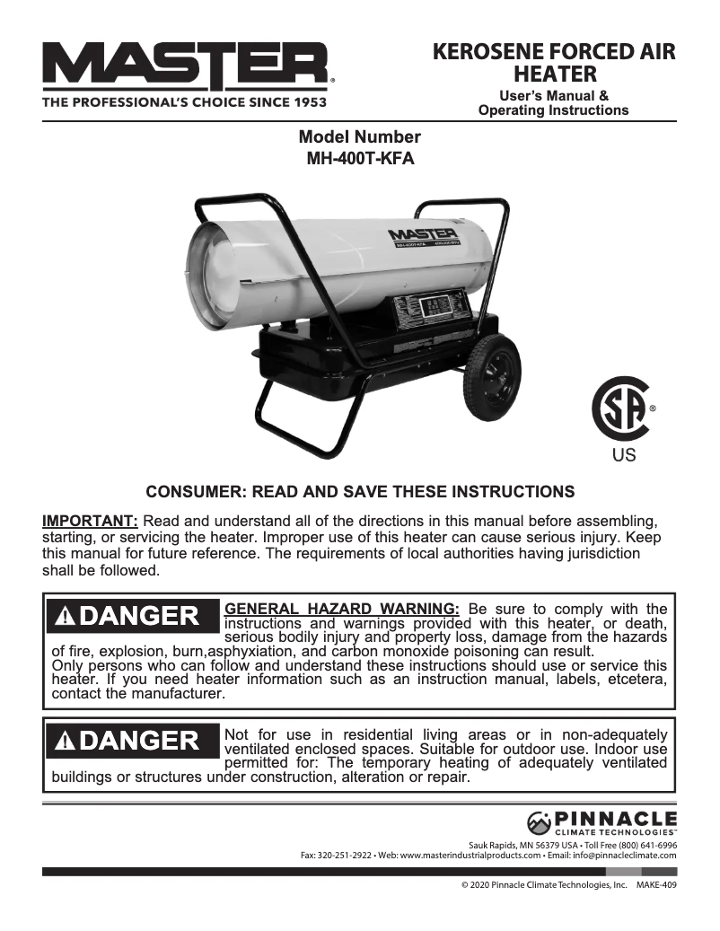 First page image of the manual for MH-400T-KFA