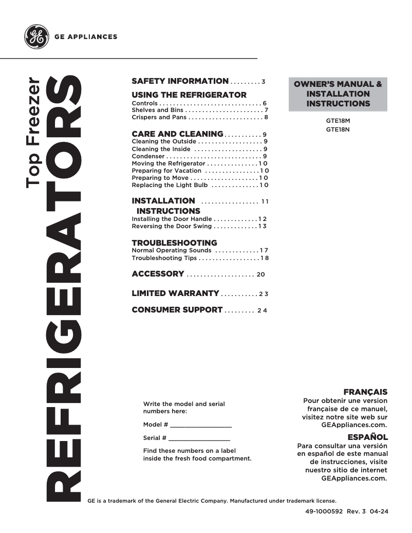 Page 1 of the manual Use and Maintenance Manual GE GTE18MTRRWW
