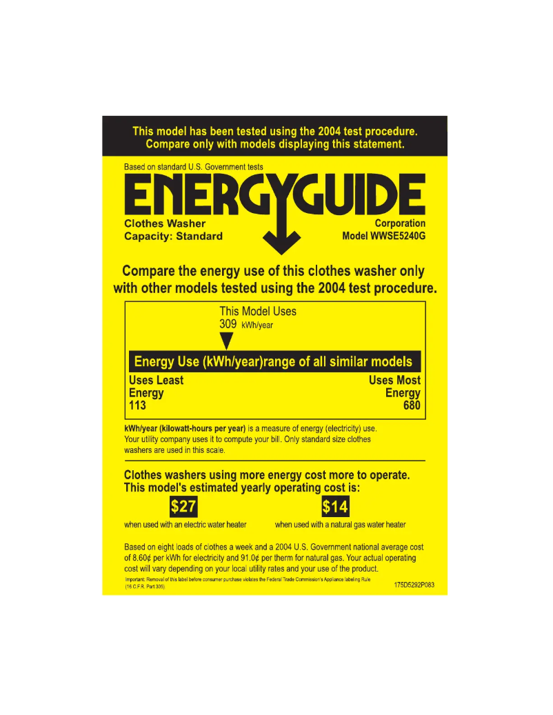 Page 1 of the manual Energy Label GE WWSE5240GWW