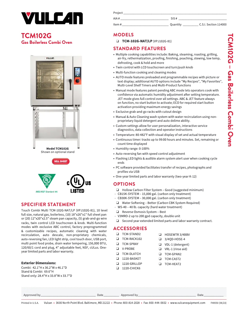 Page 1 of the manual Technical Sheet Vulcan TCM-102G
