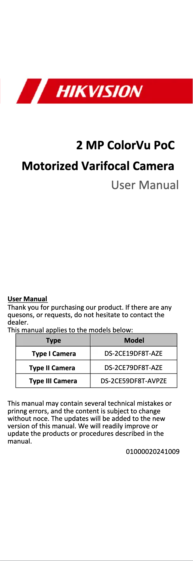 First page image of the manual for DS-2CE19DF8T-AZE