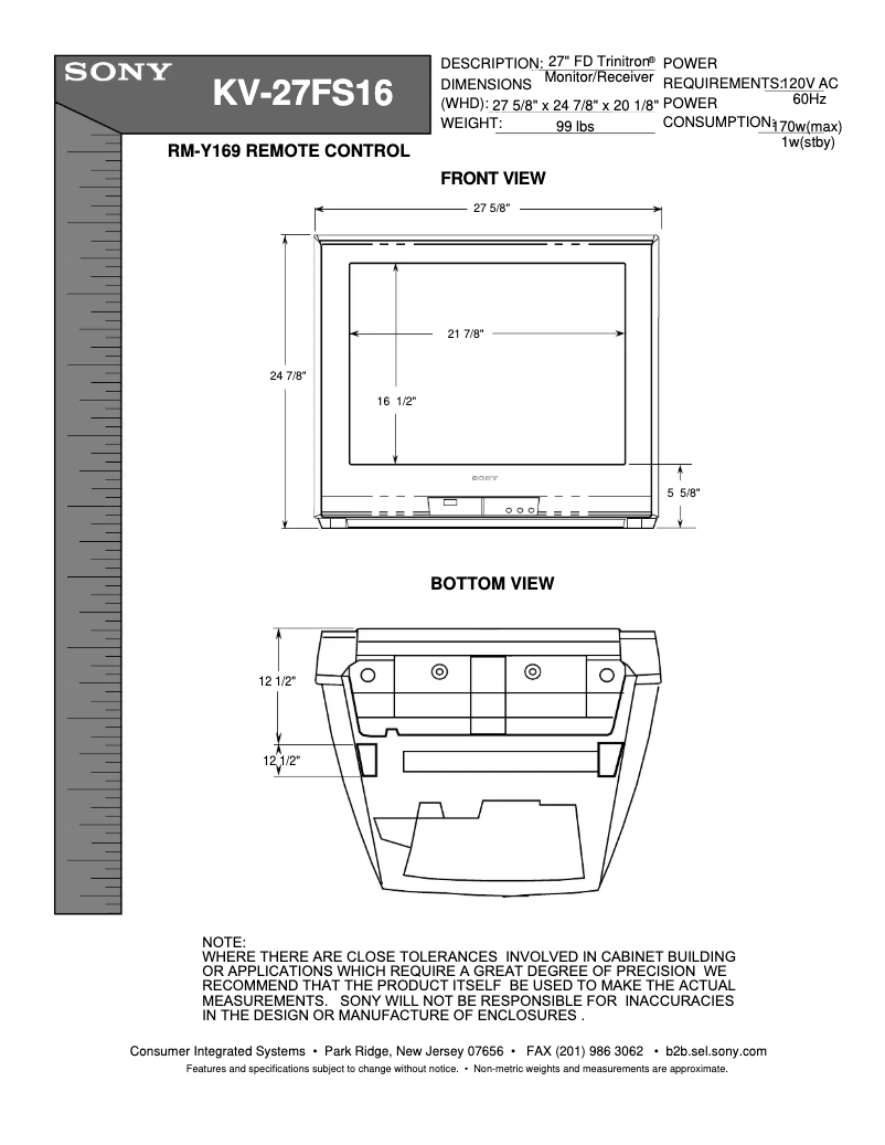 Page 1 of the manual Installation Guide Sony KV-27FS16