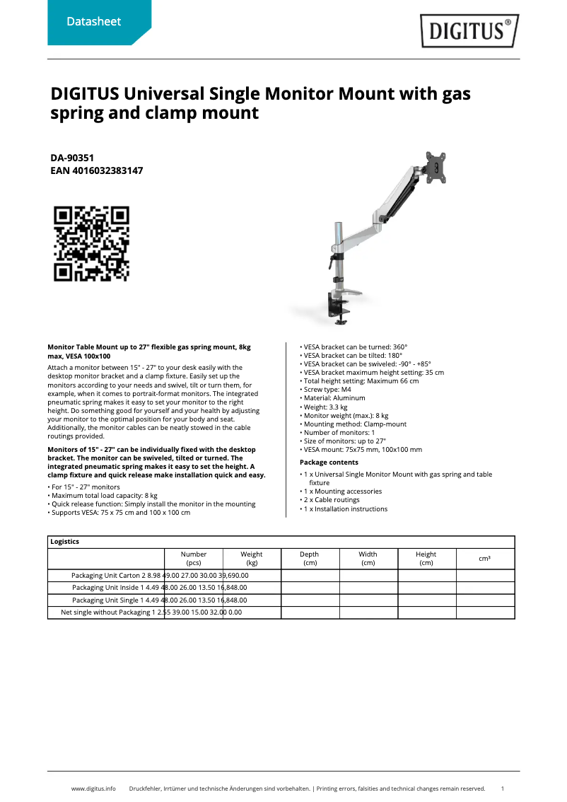 Page 1 of the manual Technical Sheet Digitus DA-90351