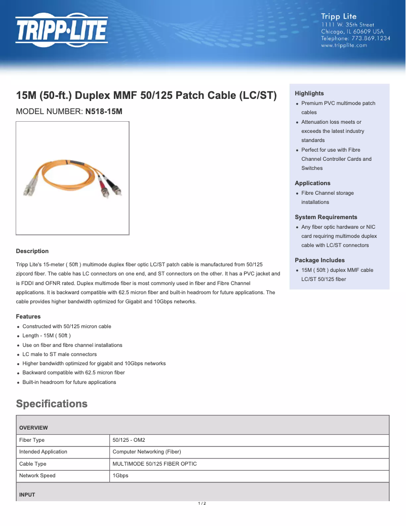 Page 1 de la notice Manuel utilisateur Belkin Multimode LC/ST Duplex MMF