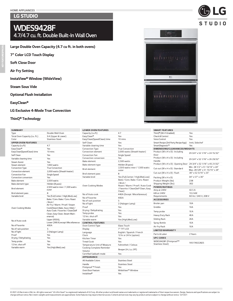 Page 1 of the manual Technical Sheet LG WDES9428F