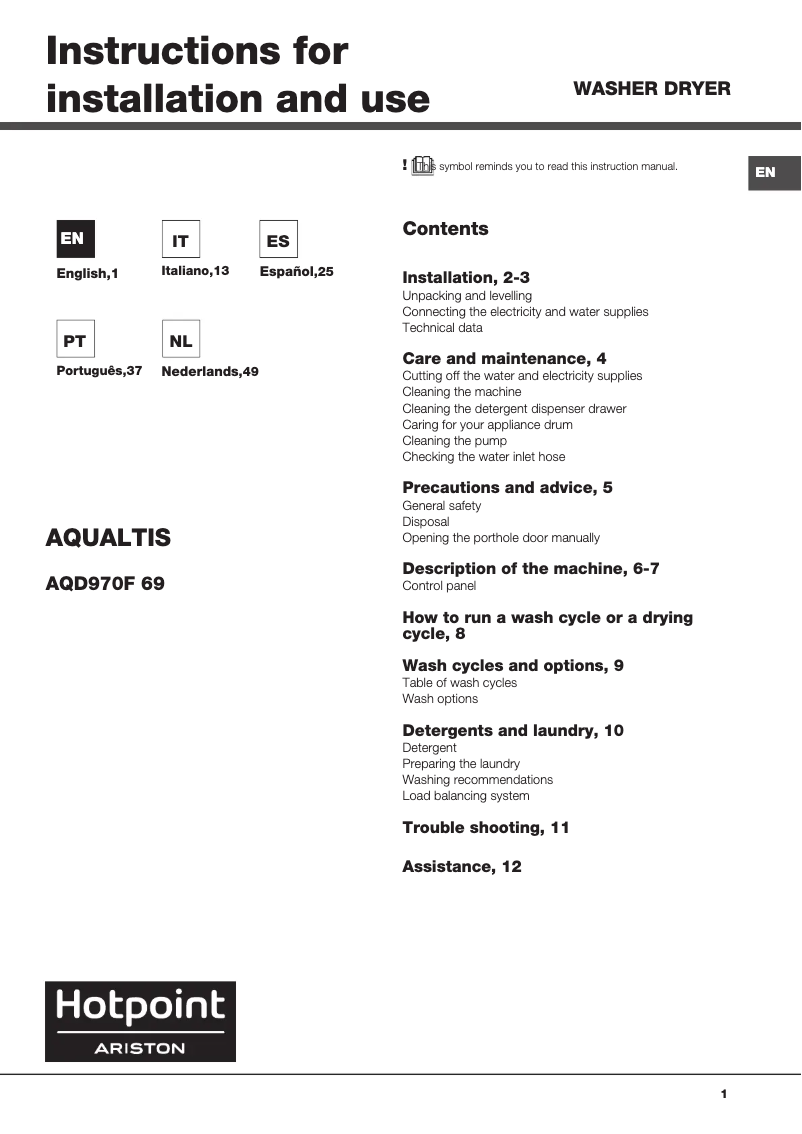 Page 1 of the manual User Manual Hotpoint Ariston AQD970F 69 Aqualtis